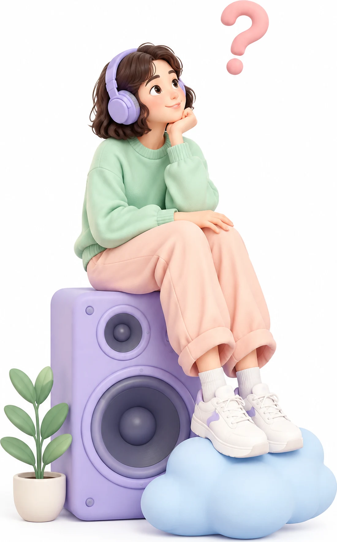A creator with headphones sitting on a lavender speaker
