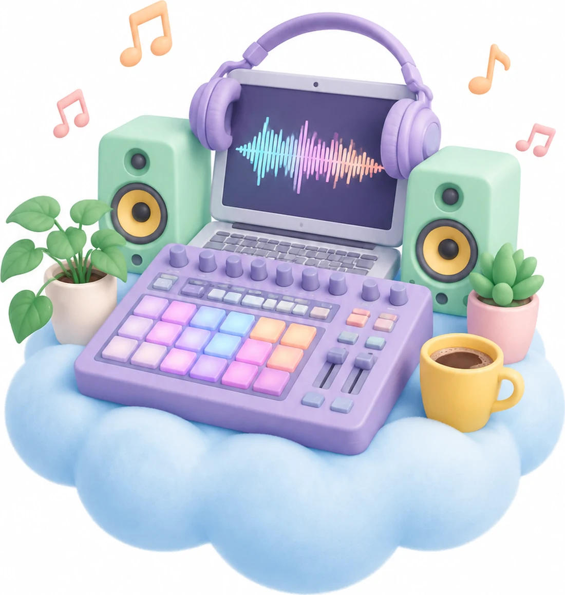 A playful lavender music workstation with headphones and mint speakers